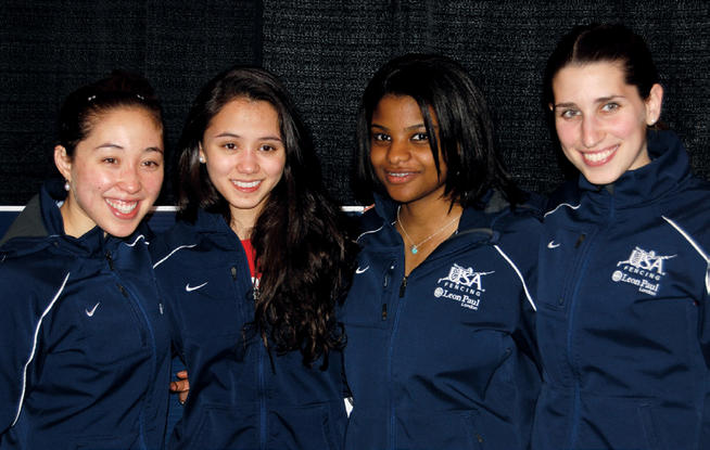 The U.S. Olympic women’s foil fencing team consists of (left to right) Doris Willette, Lee Kiefer and Columbians Nzingha Prescod ’15 and Nicole Ross ’11. Photo: Nicole Jomantas